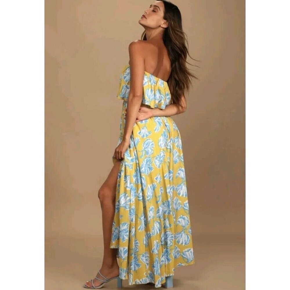 Lulus L Love Boldly Yellow Floral Print Strapless Maxi Dress High Slit Tropical - Picture 7 of 15